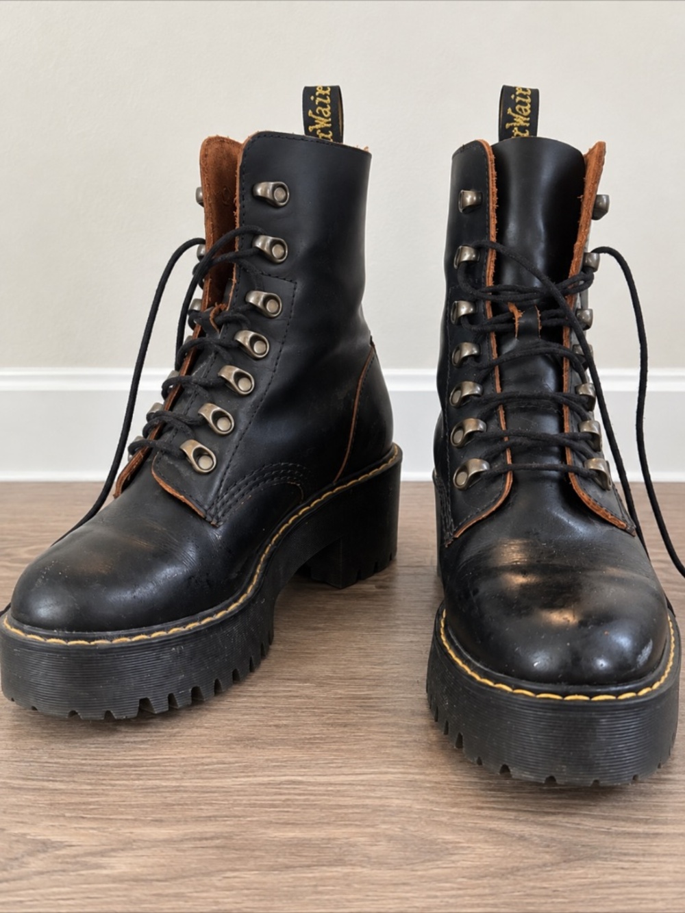Dr. Martens Leona Black Leather Heeled Platform Boots